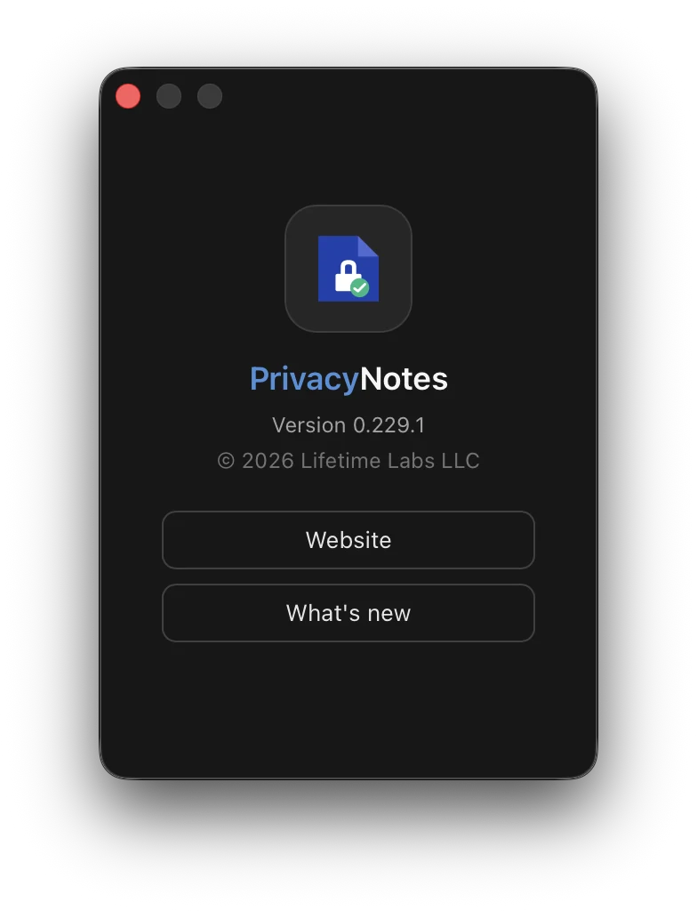 PrivacyNotes custom About window in dark mode